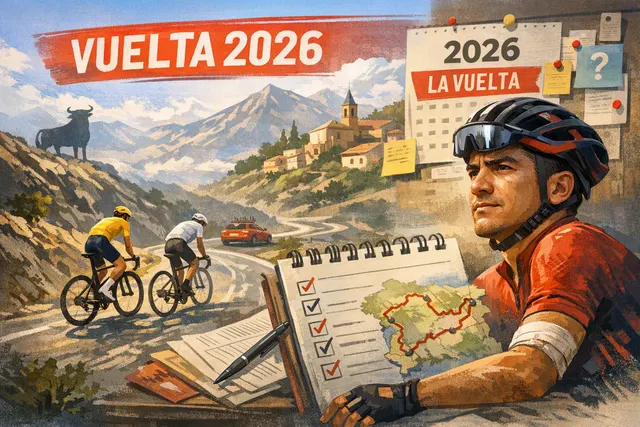 Richard Carapaz in the mountains jersey celebrating at the Tour de France, with the 2026 Vuelta a España start list in the background