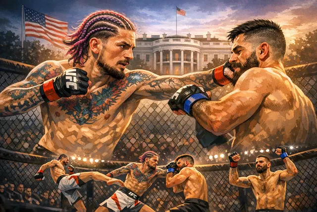 Sean O'Malley celebrates his TKO win against Aiemann Zahabi at UFC Freedom 250 on the White House lawn.