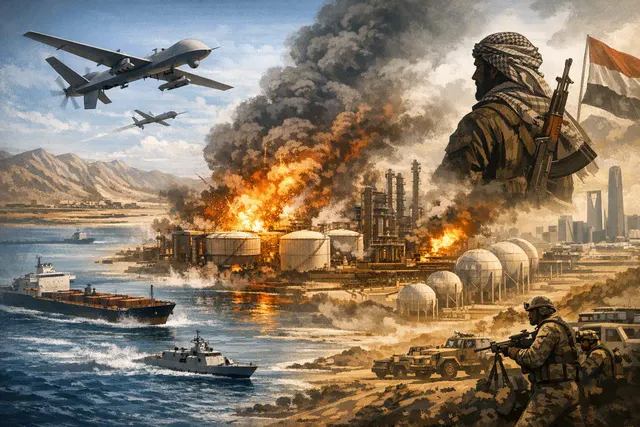 Editorial illustration of a drone threat over Saudi oil infrastructure and Red Sea shipping routes