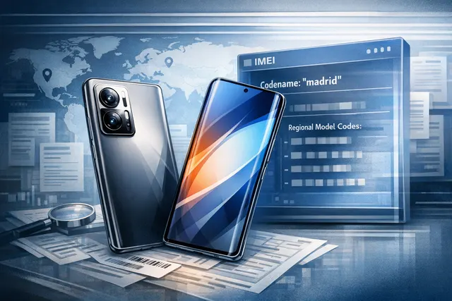 An editorial illustration showing the Xiaomi 18 'madrid' smartphone emerging from a digital IMEI database interface, with regional model numbers displayed.