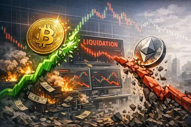 Editorial hero image representing a Bitcoin short squeeze event with $74 million in crypto liquidations on August 5, 2026