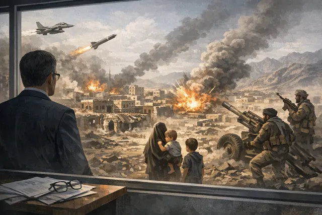 Editorial illustration of missile and drone strikes escalating across Yemen near the Red Sea