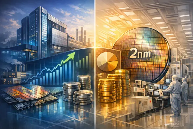 Visual comparison of TSMC and Intel Q2 2026 financial metrics including revenue, margins, and process node status