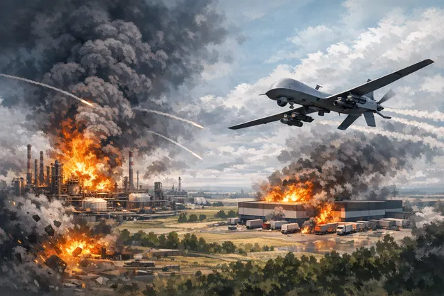 A dramatic night scene showing a large fire and plume of smoke rising from industrial facilities in Ryazan, Russia, following a Ukrainian drone strike on July 29, 2026. The attack