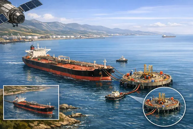 Editorial illustration of an offshore oil loading terminal and tanker near Novorossiysk