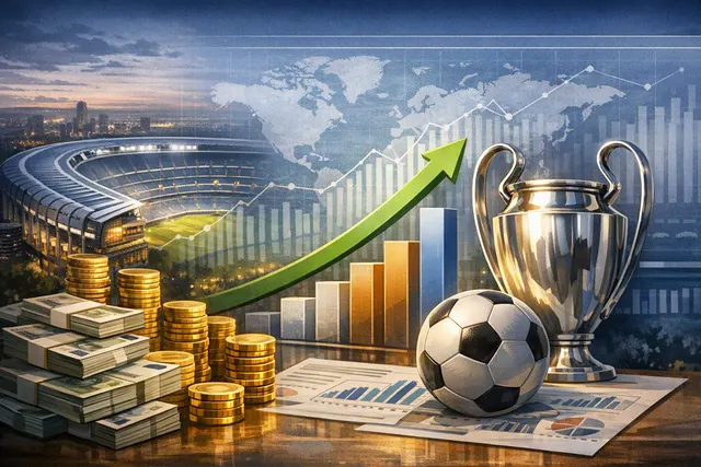 Editorial illustration of Real Madrid's Santiago Bernabéu stadium and revenue growth chart representing €1.221 billion record revenue for 2025-26 season.