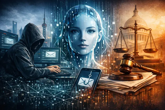 Digital interface symbolizing Google's AI being exploited by a cybercrime network, featuring shadowy human figures manipulating code and data on a cracked, high-tech surface.