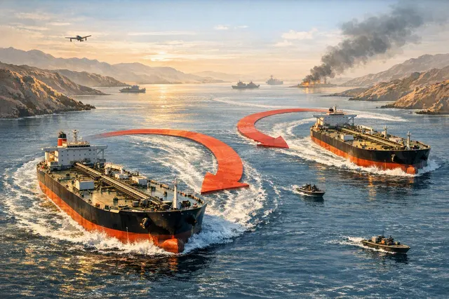 Editorial illustration of oil tankers turning back in the Strait of Hormuz amid heightened maritime risk