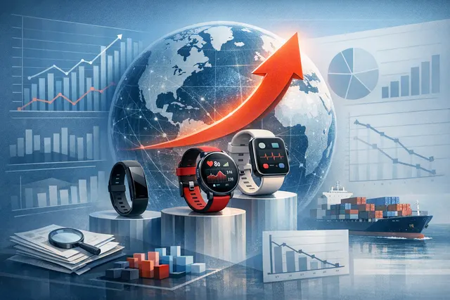 Editorial illustration of smartwatches and wearable bands in the global Q2 2026 market