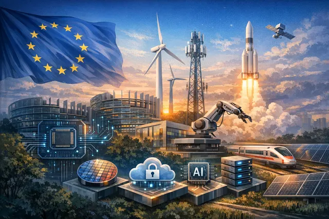 Illustration of the EU's technological sovereignty strategy featuring chips, cloud infrastructure, and digital maps of Europe and Brazil.