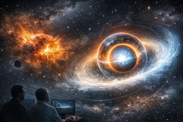 Artist’s concept of a gravastar forming from a collapsing star, with a dark-energy core halting the implosion before a singularity forms, resembling a black hole externally but con