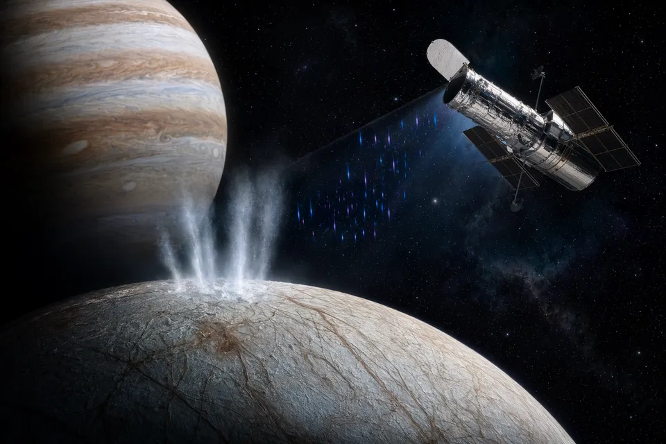Illustration of water vapor plumes erupting from Jupiter’s icy moon Europa into space