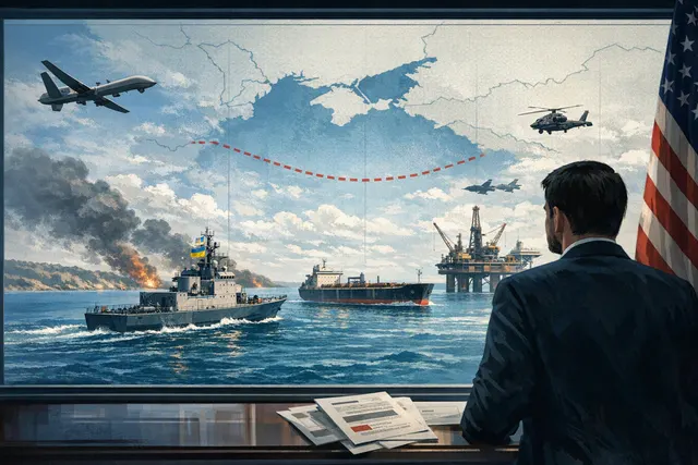 Aerial view of an oil tanker in the Black Sea near a port, with stylized geopolitical overlay representing the Ukraine-Russia conflict zone.