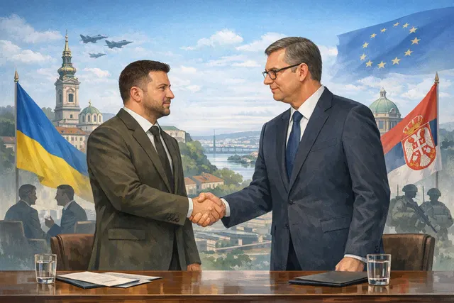 Photorealistic aerial view of Belgrade's cityscape with the Serbian Parliament building and the Sava River, evoking the setting of President Zelenskyy's first official visit to Ser