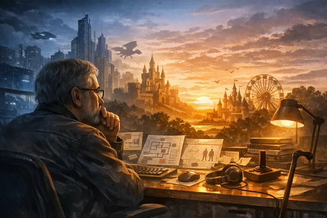 Editorial illustration representing Warren Spector's retirement from game development