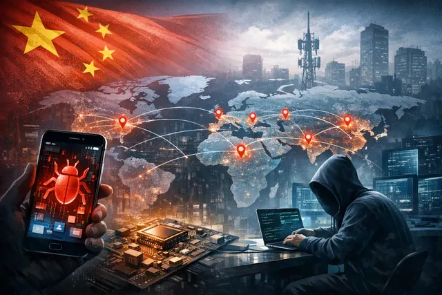 Digital visual representing LightSpy spyware global map and DeepSeek AI autonomous cyberattack data streams with network node connections