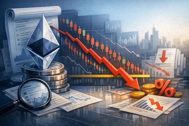 Ethereum price chart showing decline below moving averages and death cross pattern