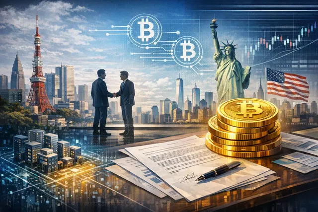 Editorial illustration of Metaplanet contributing Bitcoin to create the Nasdaq-listed Superplanet treasury platform
