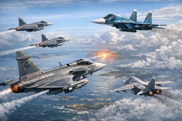 Two Swedish JAS 39 Gripen fighter jets flying over a cloudy Baltic Sea with a distant Russian Su-24 aircraft visible in the background