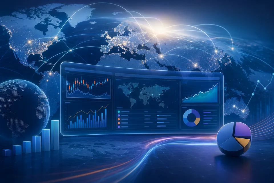 AI-generated illustration of a financial dashboard with market charts and European data signals