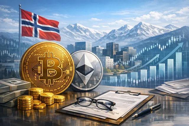 Abstract illustration of Norway's sovereign wealth fund with Bitcoin and Ethereum symbols, representing indirect crypto exposure through equity holdings