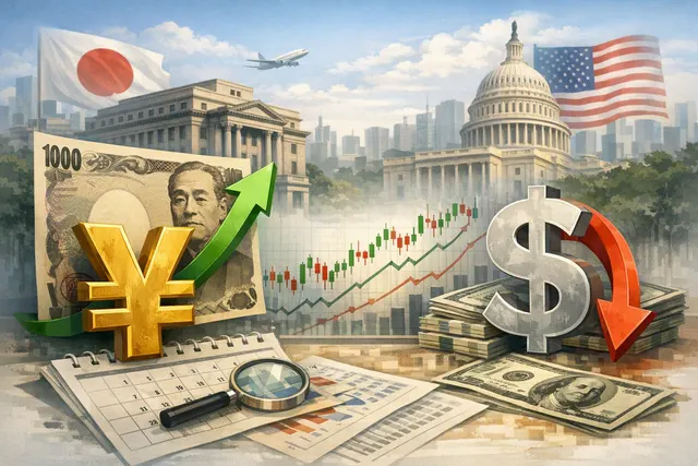 Japanese yen banknotes and U.S. dollar bills arranged on a currency exchange rate chart background, symbolizing the USD/JPY forex pair and the yen's recent rebound.