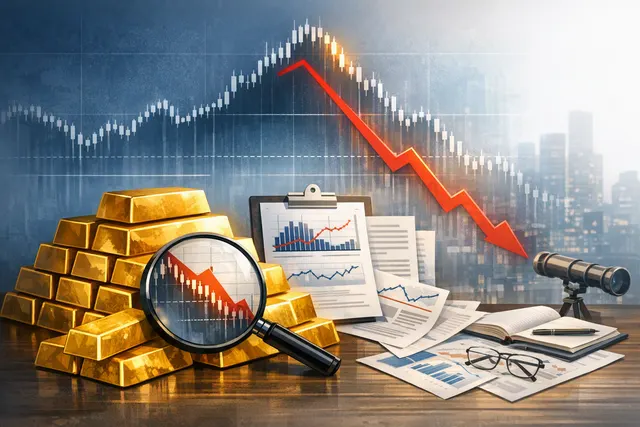 Gold bars and coins in front of a financial chart showing a downward trend, representing the 2026 gold price correction.