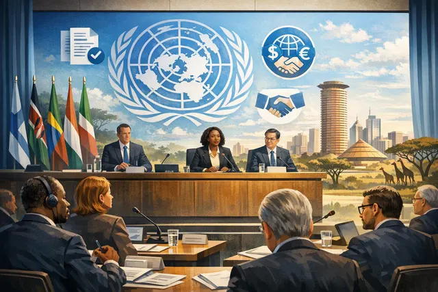 An artistic representation of a global tax negotiation, featuring a stylized globe with interconnected tax symbols, documents, and currency, symbolizing the UN Framework Convention