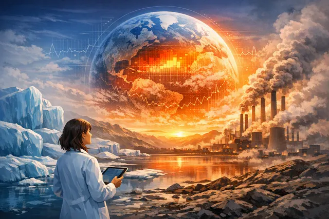 Conceptual image of Earth with climate data visualizations, including a hurricane, rising temperatures, and melting ice, representing the 2025 State of the Climate report findings.