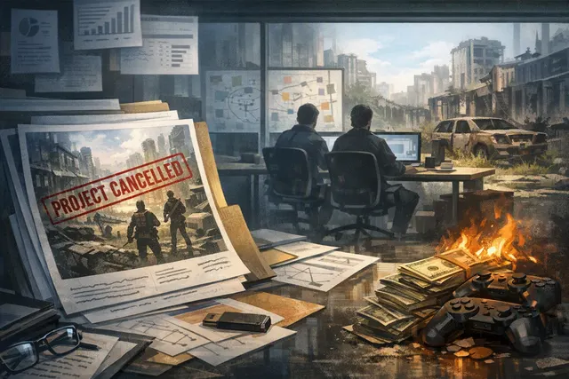 Editorial illustration of The Last of Us Online as a cancelled Naughty Dog live-service project overshadowing the studio’s single-player games