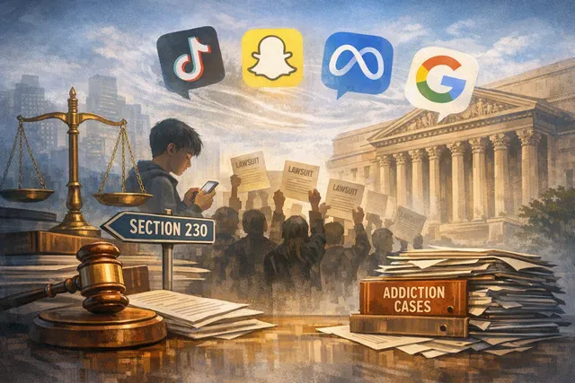 Gavel and smartphone representing social media addiction lawsuits against Meta, TikTok, Google, and Snapchat