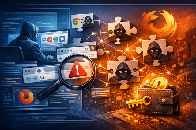 Illustration of a malicious Firefox browser extension impersonating a cryptocurrency wallet and stealing digital wallet secrets