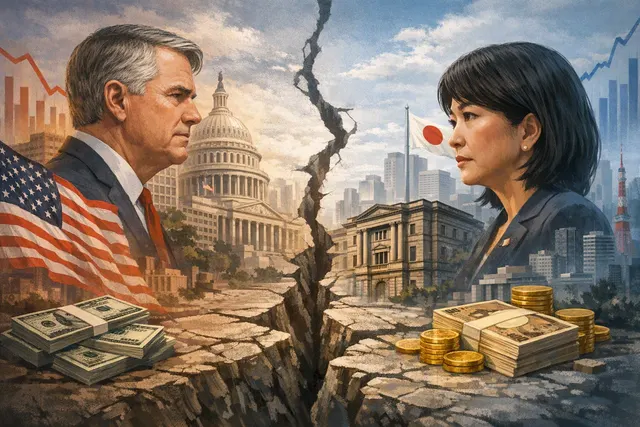 A conceptual split image showing US Treasury Secretary Scott Bessent on one side and Japanese Prime Minister Sanae Takaichi on the other, divided by a chart showing the Japanese ye