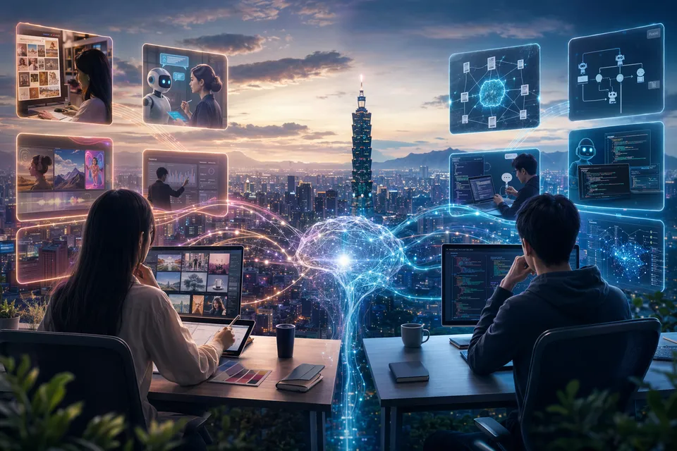 抽象 AI 網路與台灣企業工作流程，呈現行銷與工程團隊追蹤 AI Agent、RAG 與多模態趨勢