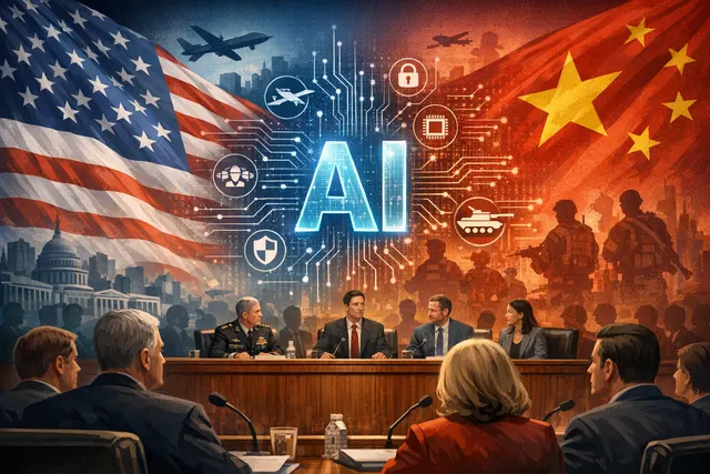 US Capitol building with AI-themed digital overlay representing the congressional debate on artificial intelligence competition with China