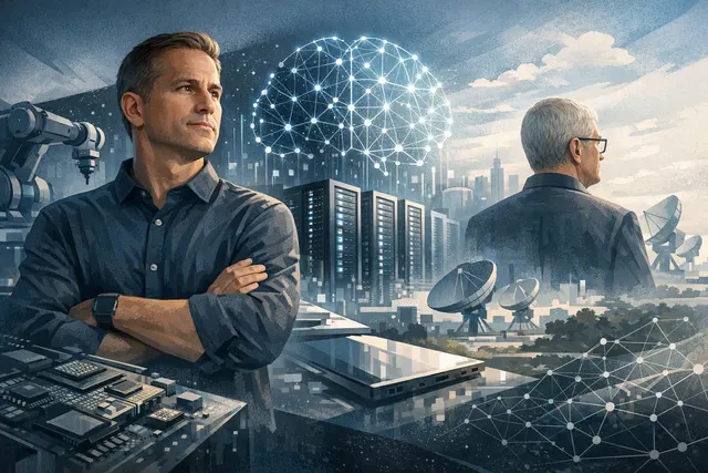 Illustration of John Ternus leading Apple into a new era of AI investment after Tim Cook