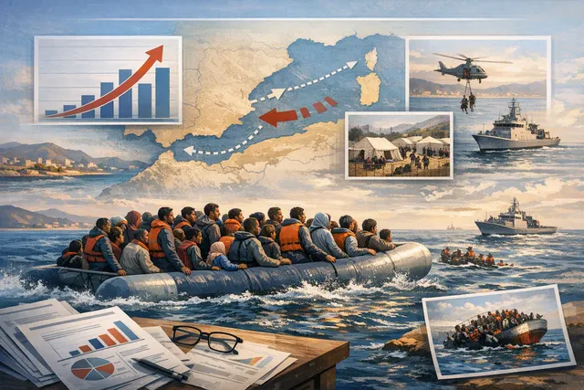 AI-generated illustration of the Ceuta border crisis showing crowds of people near a coastal border fence