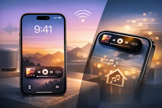 Illustration of Sonos playback controls appearing on an iPhone Lock Screen and Dynamic Island
