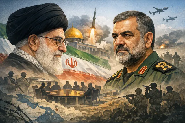 An editorial illustration depicting the Iranian Supreme National Security Council meeting room, with a silhouette figure representing Mohsen Rezaei at the head of the table, symbol