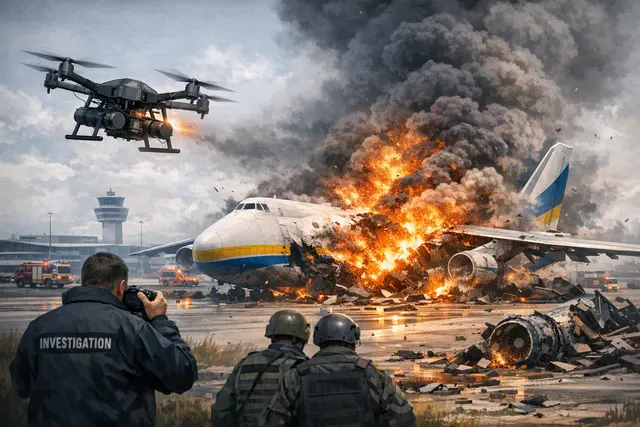 AI-generated editorial image of a drone approaching a large Ukrainian Antonov An-124 cargo plane at an airport, with runway lights and security barriers visible