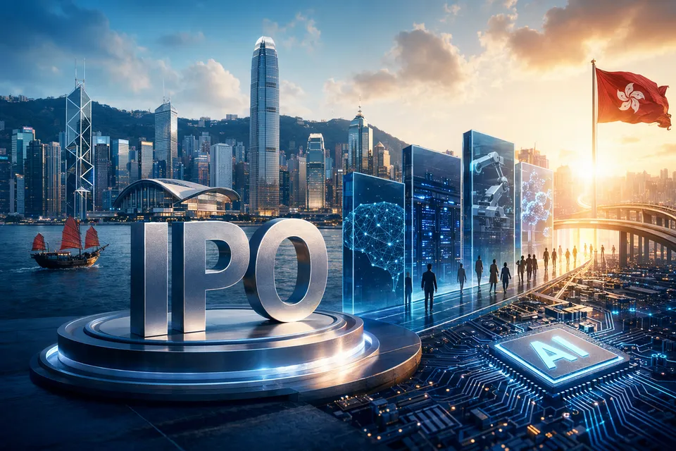 香港金融區與人工智能晶片圖形交疊，象徵中國 AI 企業赴港 IPO