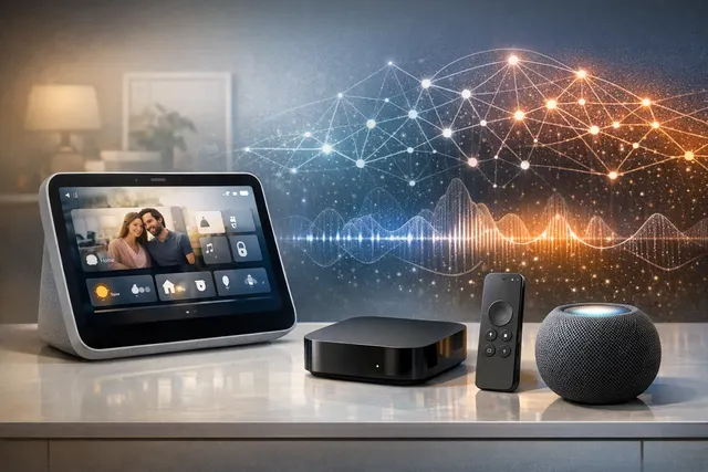 Apple HomePad smart home hub concept with 7-inch display on a tabletop stand, next to a HomePod mini and Apple TV 4K