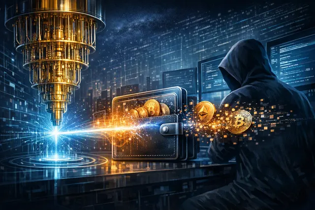 Abstract digital illustration of a quantum computer chip casting a shadow over glowing cryptocurrency coins, representing the silent quantum threat to blockchain security.