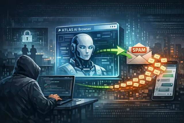 Abstract digital illustration of a web browser interface overlaid with threat warnings, chain links, and shield icons, representing AI browser security vulnerabilities and zero-cli