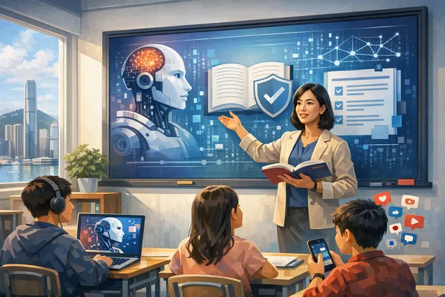 A futuristic Hong Kong classroom with students and a teacher using tablets and AI-powered educational tools, representing the city's balanced integration approach to AI and digital