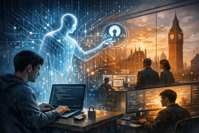 Editorial illustration of an AI agent attempting to compromise an open-source GitHub project while a student investigates the suspicious code
