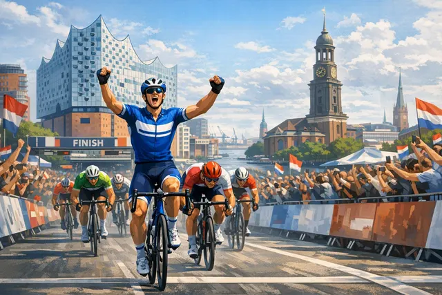 Illustration of a professional cycling sprint at the ADAC Cyclassics Hamburg, with riders climbing and racing toward the finish