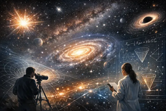 Abstract visualization of cosmic expansion with warped spacetime geometry intersecting quantum energy fields, representing Finsler gravity and the Generalized Uncertainty Principle