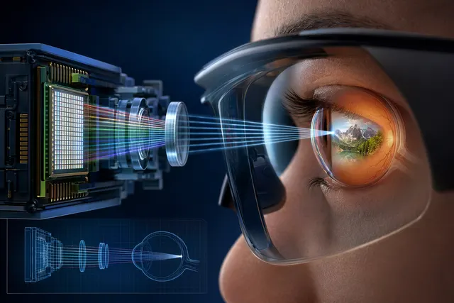Concept illustration of a micro‑LED retinal projection display sending collimated light beams into the human eye