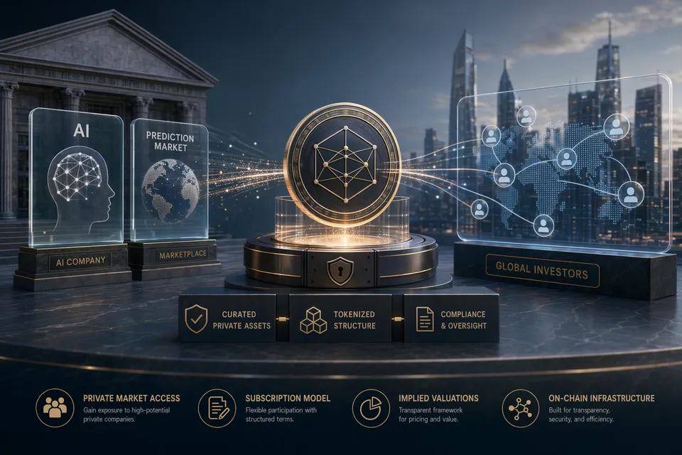Conceptual illustration of tokenized pre‑IPO shares for Anthropic and Polymarket on a blockchain investment platform